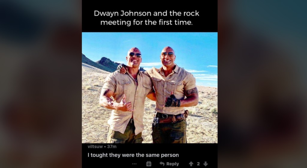 Two muscular men in matching outfits, smiling and posing together in a desert setting. Both wear sunglasses and khaki shirts. The caption above them reads, "Dwayne Johnson and the rock meeting for the first time." A comment underneath jokes, "I thought they were the same person.