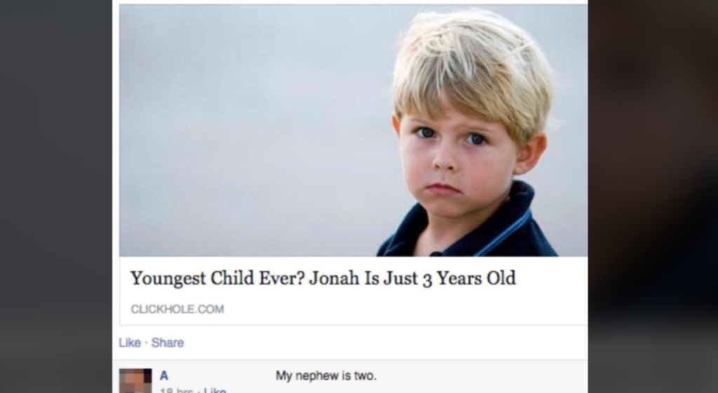 A social media post features a young child with blond hair and a serious expression. The headline reads: "Youngest Child Ever? Jonah Is Just 3 Years Old." A comment below humorously adds, "My nephew is two.