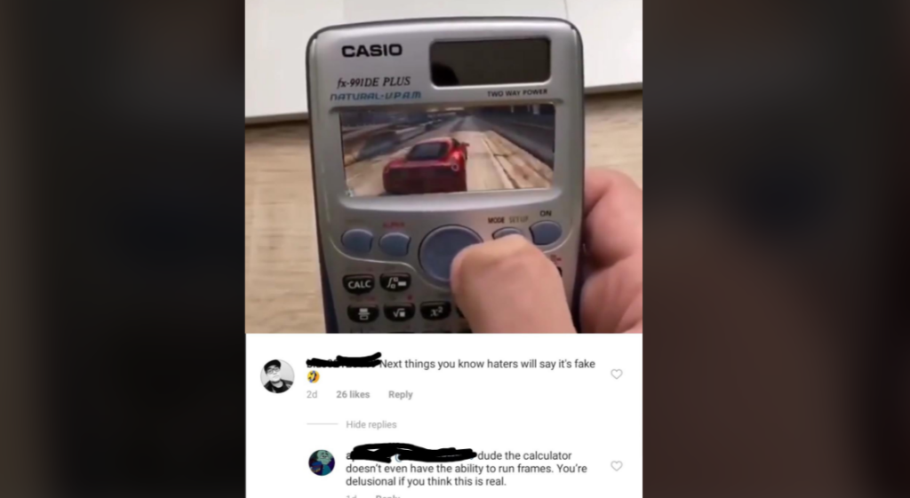 A hand holds a CASIO calculator displaying a screenshot of a racing video game. Below the image, two comments are visible. The first one jokes about people thinking the image is fake, while the second comments on the improbability of the calculator running the game.