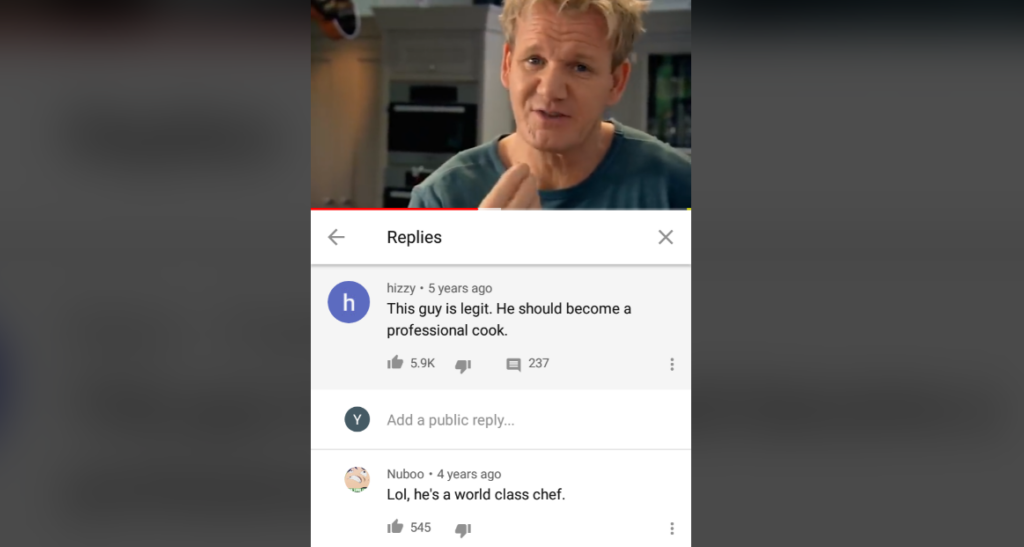 Screenshot of a YouTube comment section under a video featuring a chef. The first comment, from hizzy, reads, "This guy is legit. He should become a professional cook," with 5.9K likes. A reply from Nuboo states, "Lol, he's a world class chef," with 545 likes.