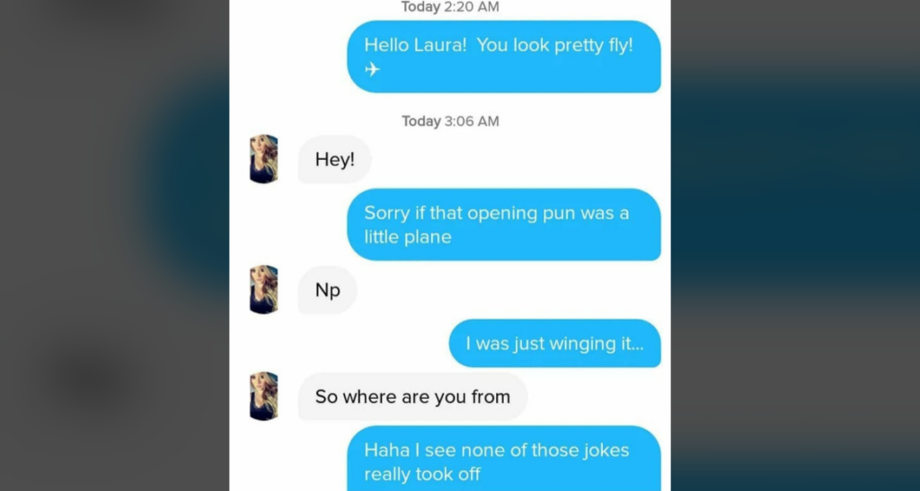 A chat screenshot shows a conversation between two people. Person 1 starts with a pun, "You look pretty fly!" followed by an airplane emoji. Person 2 responds with "Hey!" and "Np." Person 1 continues to make puns, acknowledging they're "winging it," and asking, "Where are you from?". Ending with, "Haha I see none of those jokes really took off.