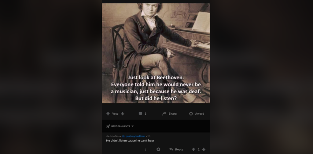 Image of Beethoven sitting at a piano with the caption: "Just look at Beethoven. Everyone told him he would never be a musician, just because he was deaf. But did he listen?" Below the image, a comment reads: "He didn't listen cause he can't hear.