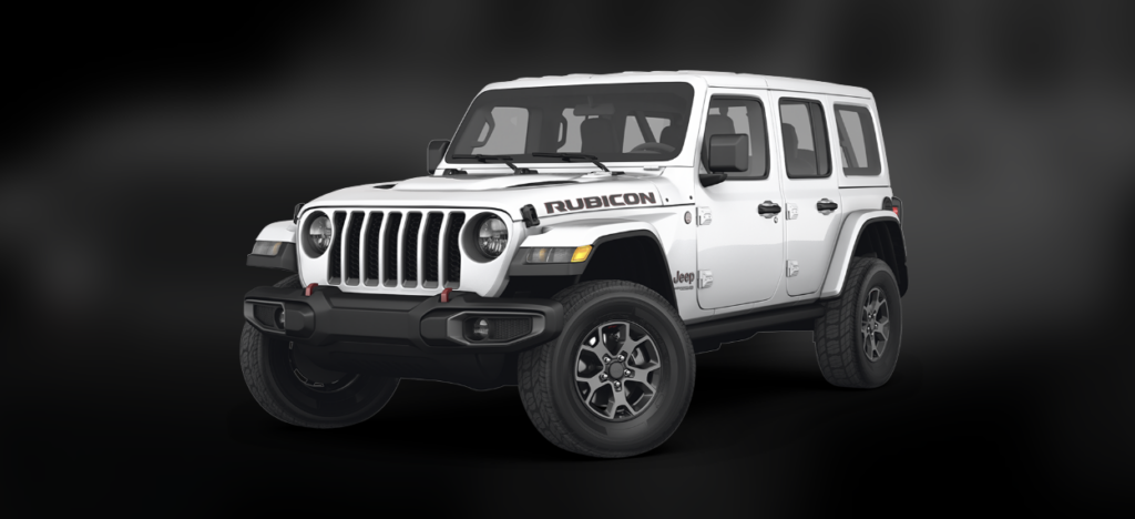 A white Jeep Wrangler Rubicon with a four-door configuration is shown against a dark, gradient background. The vehicle features rugged tires, a front grille with round headlights, and distinctive Rubicon branding on the hood.