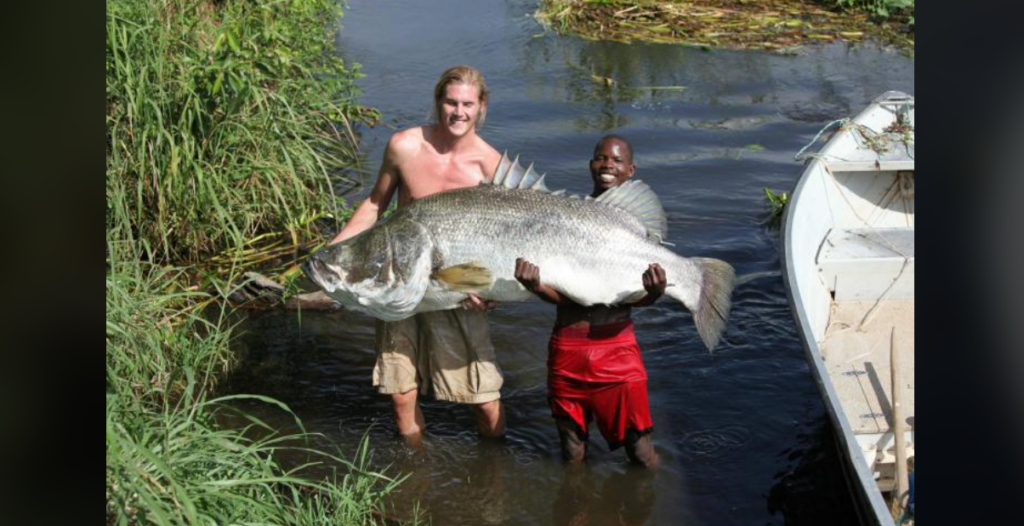 Two smiling individuals stand knee-deep in water beside a boat, holding a massive fish together. The sun shines brightly, and there is lush greenery around the water's edge. One person is shirtless and the other wears red shorts. Both seem to be enjoying the moment.