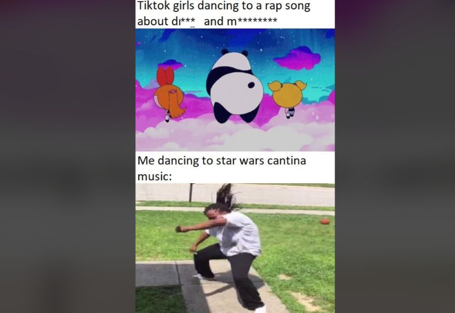 Two-part meme. Top image: Cartoon characters with big heads dancing against a colorful sky background, captioned "Tiktok girls dancing to a rap song about d*** and m**********." Bottom image: Person energetically dancing outdoors near a sidewalk, captioned "Me dancing to Star Wars cantina music.