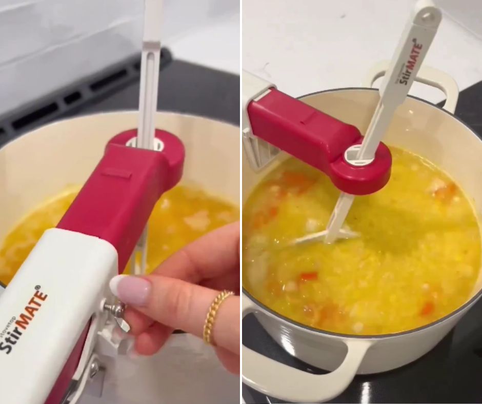 Two images side by side show a kitchen gadget being used to stir a pot of soup. The gadget is called "StirMATE." The left image shows a hand turning a knob to attach the device to the pot. The right image shows the StirMATE stirring the soup in the pot.