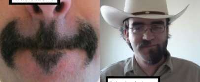 There are two photos of a man with unique facial hair designs. The left image shows a bat-shaped mustache labeled "Bat-Stache." The right image shows a man wearing glasses and a cowboy hat with a beard styled as "Yin And Yang.