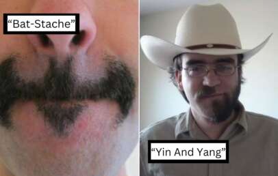 There are two photos of a man with unique facial hair designs. The left image shows a bat-shaped mustache labeled "Bat-Stache." The right image shows a man wearing glasses and a cowboy hat with a beard styled as "Yin And Yang.