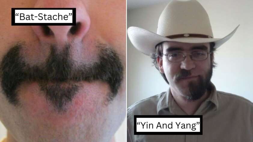 There are two photos of a man with unique facial hair designs. The left image shows a bat-shaped mustache labeled "Bat-Stache." The right image shows a man wearing glasses and a cowboy hat with a beard styled as "Yin And Yang.