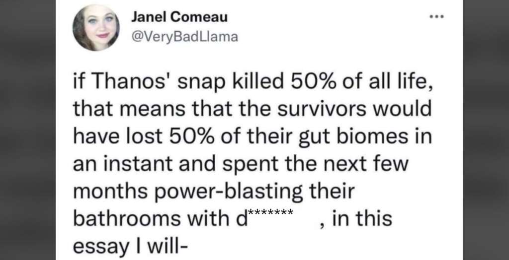 A tweet by Janel Comeau (@VeryBadLlama) reads: "if Thanos' snap killed 50% of all life, that means that the survivors would have lost 50% of their gut biomes in an instant and spent the next few months power-blasting their bathrooms with d*****a, in this essay I will-