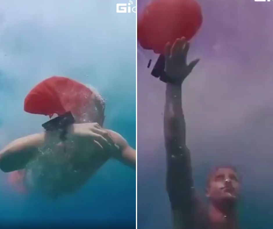 Two images show a person underwater, swimming upwards toward the surface. The person is reaching out with one arm extended, holding a red object that floats toward the water's surface. The scene appears to be set in clear blue water.