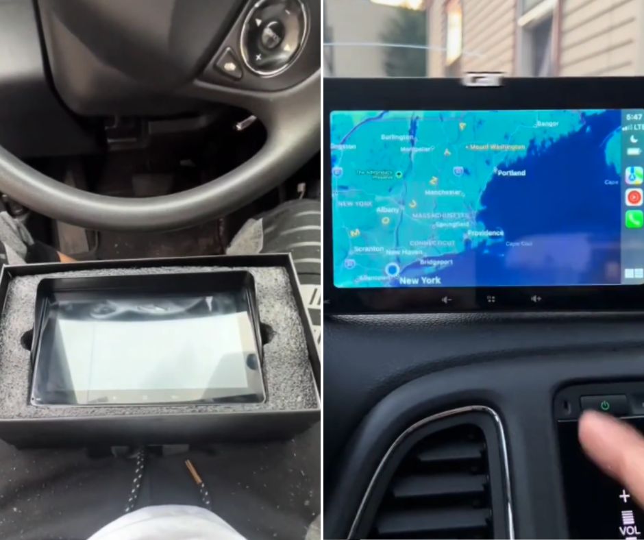 A side-by-side image showing an automotive navigation system. The left side displays the system in its original box, placed on someone's lap within a vehicle. The right side shows the installed system in a car dashboard, displaying a map with locations like New York.