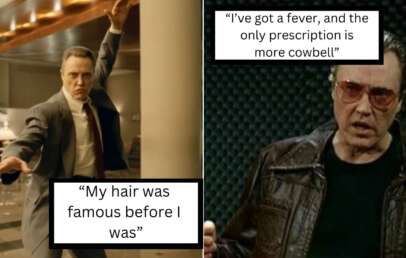 Left: A man in a suit and tie is striking a dance pose in a large indoor space with wooden beams. Text reads: "My hair was famous before I was." Right: The same man wears sunglasses and a leather jacket, speaking into a microphone. Text reads: “I’ve got a fever, and the only prescription is more cowbell.”