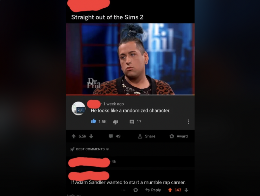 A screenshot from Reddit shows a post with the caption “Straight out of the Sims 2.” Below is an image of a person with blue hair on the Dr. Phil show, followed by a comment stating, “He looks like a randomized character.” Another comment says, “If Adam Sandler wanted to start a mumble rap career.”