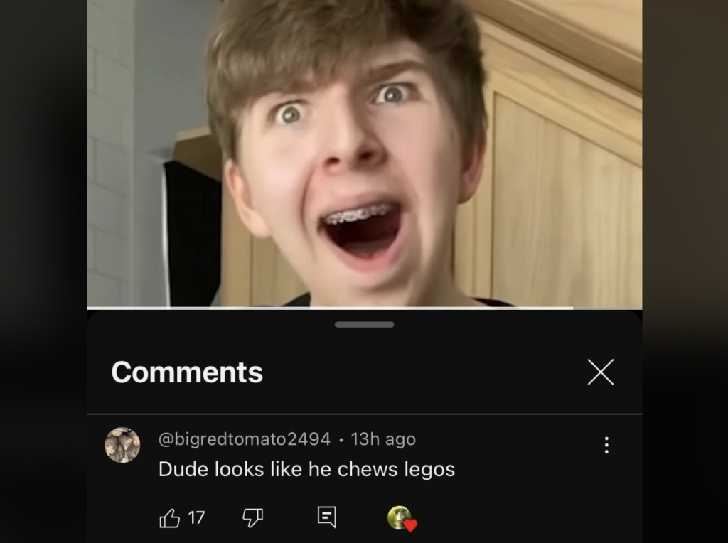 A young person with braces appears surprised or excited. Below the image is a comment from a user @bigredtomato2494 that reads, "Dude looks like he chews legos," accompanied by 17 likes and 2 reactions.