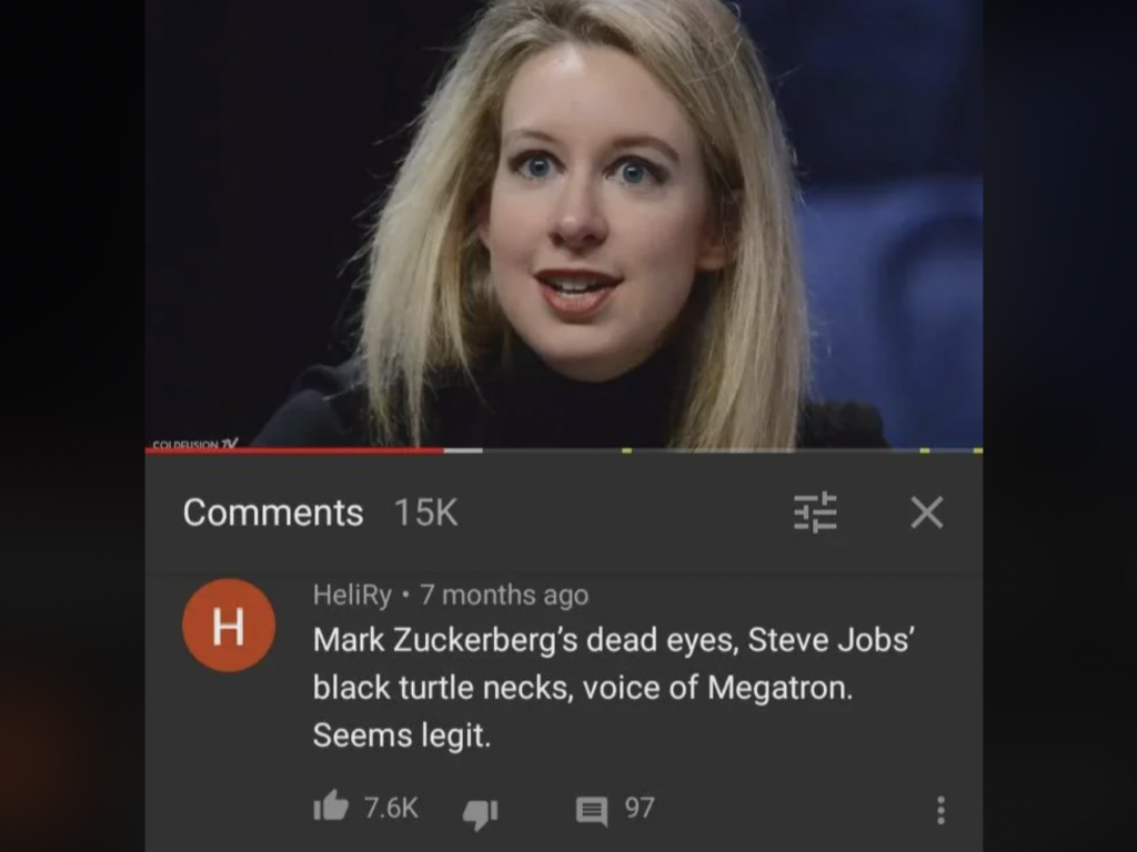 A YouTube comment section showing a comment that reads: "Mark Zuckerberg's dead eyes, Steve Jobs' black turtle necks, voice of Megatron. Seems legit." The comment has 7.6K likes and 97 replies. A woman with long blonde hair is seen above the comment section.