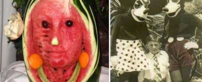 An image of a fruit carving next to an image of an unhappy kid taking a picture with Minnie and Mickey Mouse.