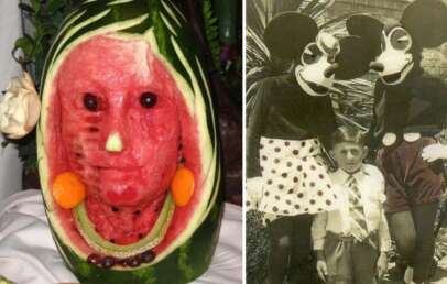 An image of a fruit carving next to an image of an unhappy kid taking a picture with Minnie and Mickey Mouse.