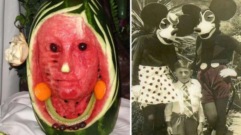 An image of a fruit carving next to an image of an unhappy kid taking a picture with Minnie and Mickey Mouse.