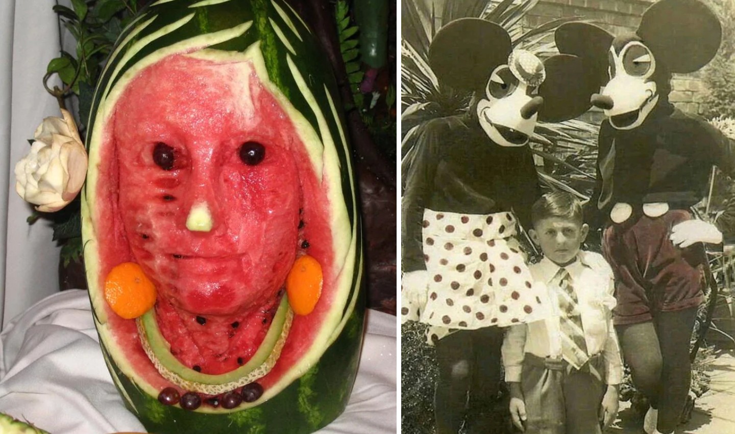 An image of a fruit carving next to an image of an unhappy kid taking a picture with Minnie and Mickey Mouse.