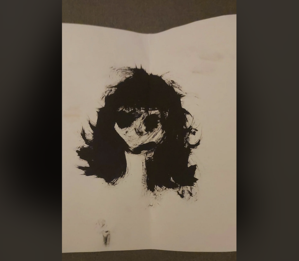 Monochromatic, abstract painting of a person's face with long, wavy hair covering parts of the face. The image is in black ink on a white background, giving it a rough, sketch-like appearance. The expression appears indistinguishable due to heavy shading.