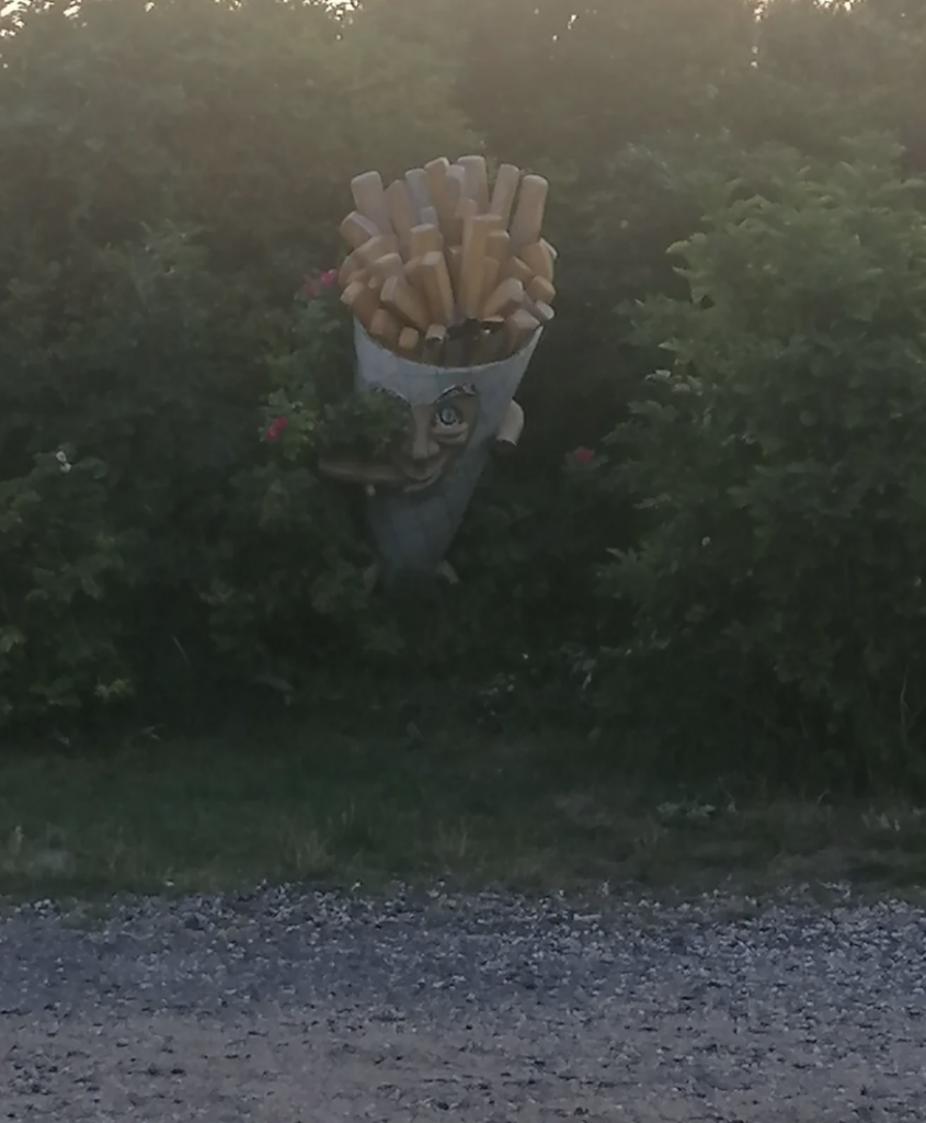 A quirky, face-shaped planter hung on a leafy bush. The planter features a smiling face with eyes and nose, with cylindrical objects resembling french fries sticking out from the top. The setting is outdoors, with a gravel path in the foreground.