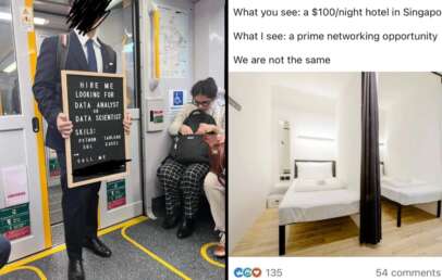 A person in a suit stands on a train holding a sign that reads, "Hire me, looking for data analyst or data scientist. Skills: Python, SQL, Tableau, Excel. Call me." Next to it is an image of a modest hotel room with two beds and the caption comparing perspectives.