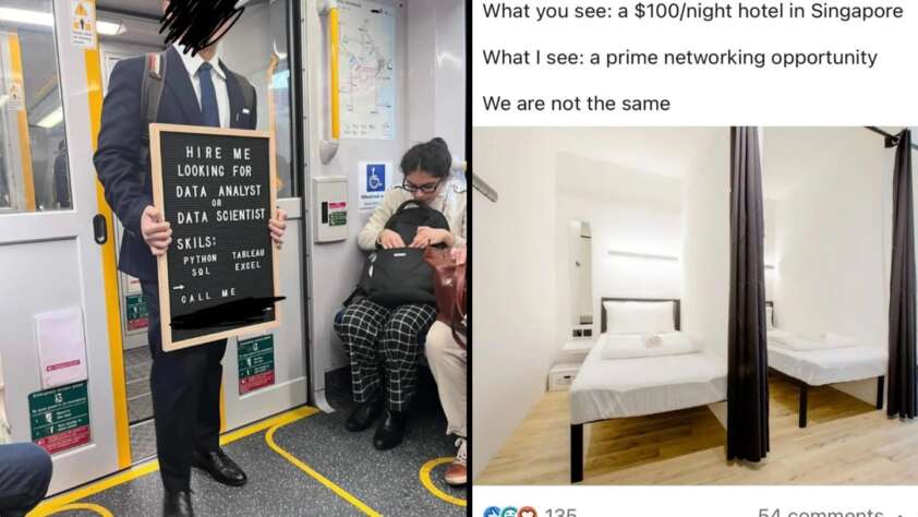 A person in a suit stands on a train holding a sign that reads, "Hire me, looking for data analyst or data scientist. Skills: Python, SQL, Tableau, Excel. Call me." Next to it is an image of a modest hotel room with two beds and the caption comparing perspectives.