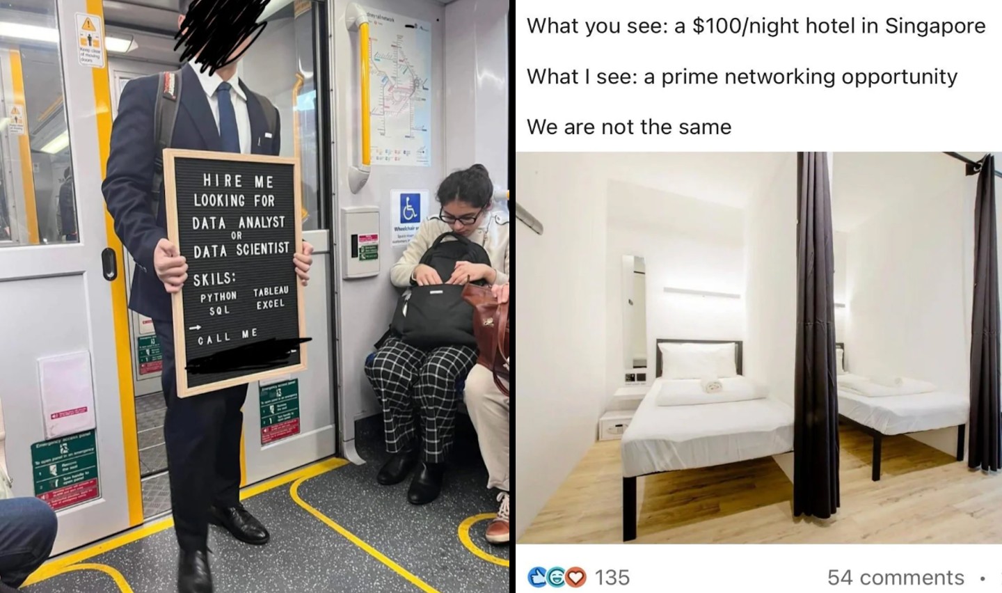 A person in a suit stands on a train holding a sign that reads, "Hire me, looking for data analyst or data scientist. Skills: Python, SQL, Tableau, Excel. Call me." Next to it is an image of a modest hotel room with two beds and the caption comparing perspectives.