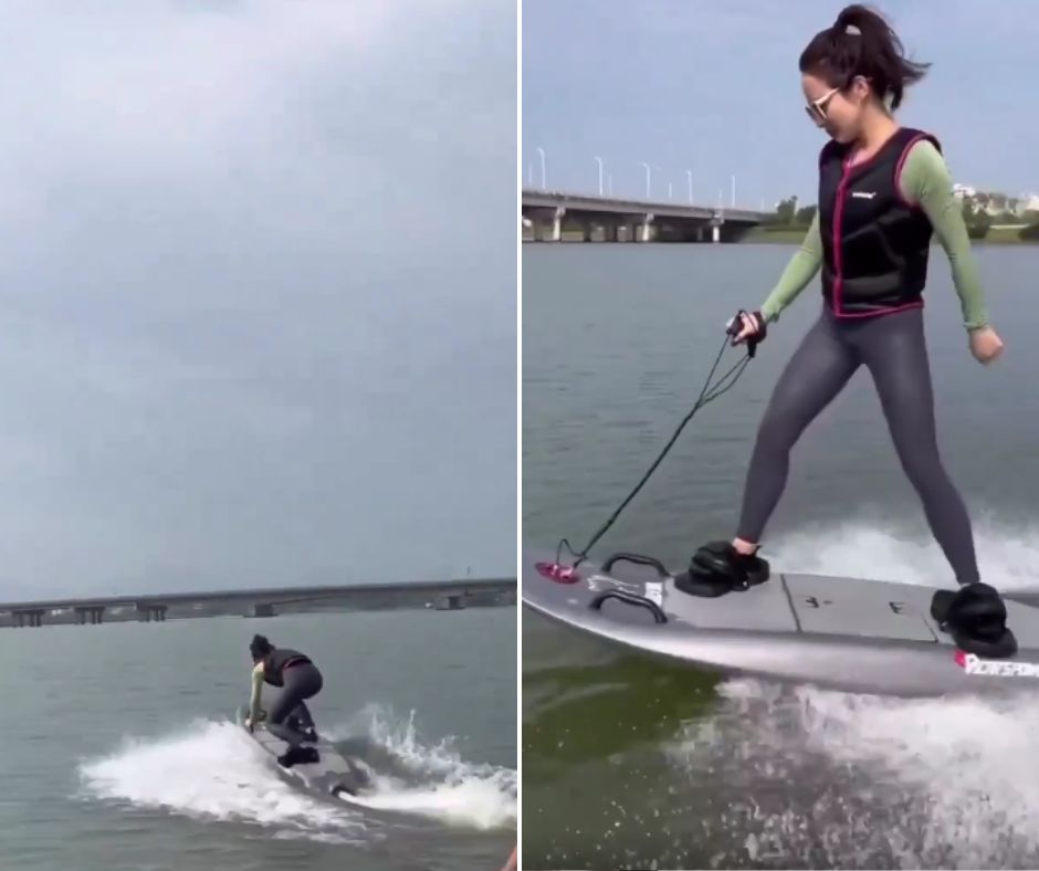 Two side-by-side images of a person riding a motorized surfboard on a body of water. In the left image, they're seen from behind, creating a wake. In the right image, they are in profile view, wearing sunglasses and a black and red vest, holding a control handle.