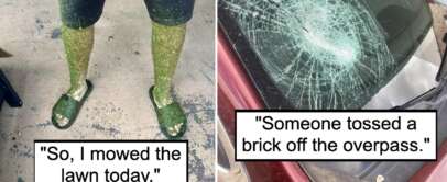 An image of a man with legs covered in grass next to an image of a car with a broken windshield.