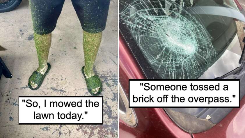 An image of a man with legs covered in grass next to an image of a car with a broken windshield.