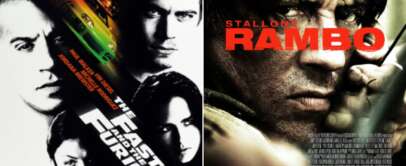 Movie posters for "The Fast and the Furious" (left) featuring a car and main characters and "Rambo" (right) showing a close-up of a man holding a weapon.