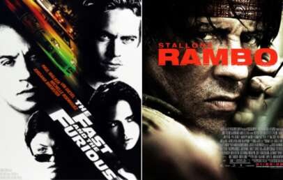 Movie posters for "The Fast and the Furious" (left) featuring a car and main characters and "Rambo" (right) showing a close-up of a man holding a weapon.