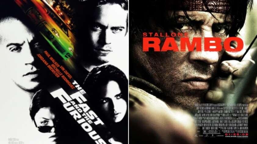 Movie posters for "The Fast and the Furious" (left) featuring a car and main characters and "Rambo" (right) showing a close-up of a man holding a weapon.