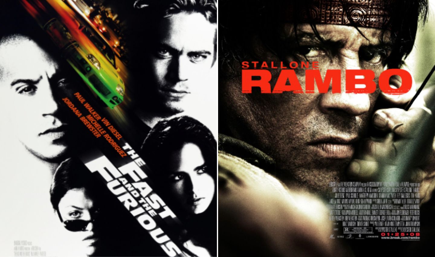 Movie posters for "The Fast and the Furious" (left) featuring a car and main characters and "Rambo" (right) showing a close-up of a man holding a weapon.