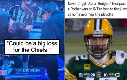 Left side shows an NFL official receiving medical attention, with the text "Could be a big loss for the Chiefs" and label "Ryan Dickson, Field Judge." Right side shows a Green Bay Packers player, with text "Never forget: Aaron Rodgers' final pass as a Packer was an INT to lose to the Lions at home and miss the playoffs.