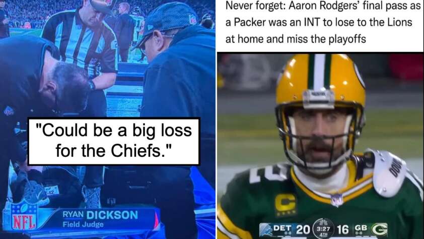 Left side shows an NFL official receiving medical attention, with the text "Could be a big loss for the Chiefs" and label "Ryan Dickson, Field Judge." Right side shows a Green Bay Packers player, with text "Never forget: Aaron Rodgers' final pass as a Packer was an INT to lose to the Lions at home and miss the playoffs.