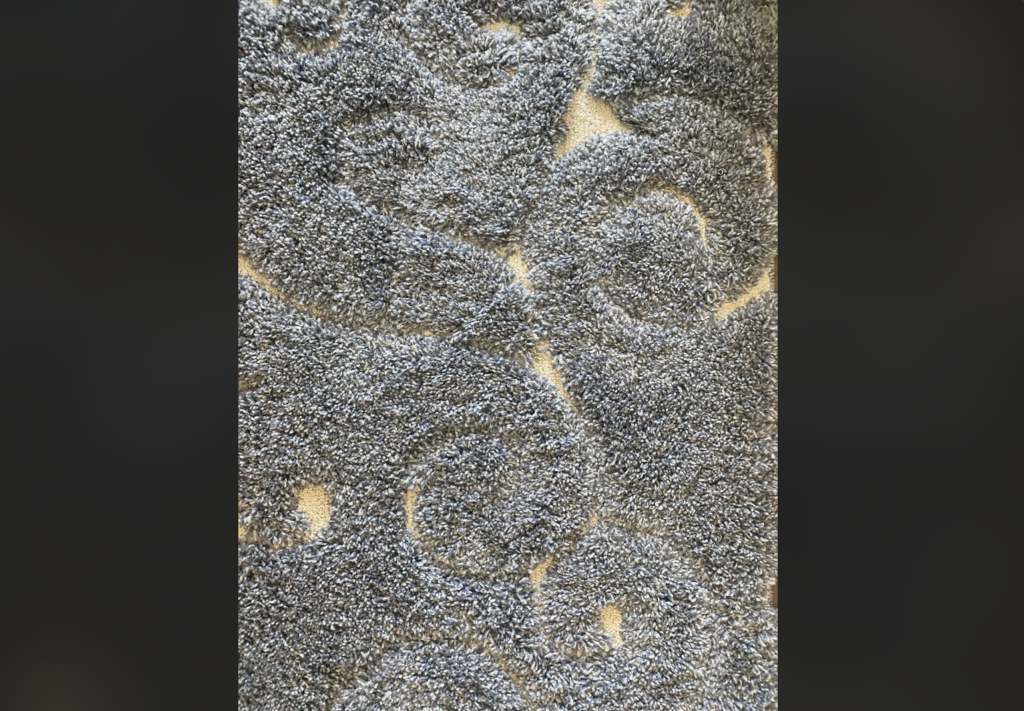 A close-up of a textured carpet with a mix of gray and silver tones. The carpet features a swirling pattern that adds a sense of depth and movement to the design. The lighting highlights the different shades and textures within the fabric.