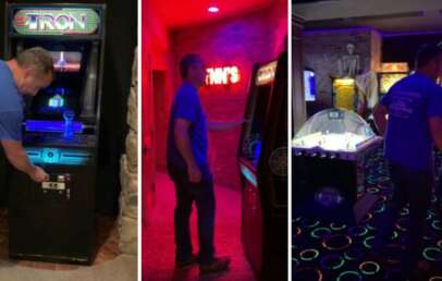 An image of a man inserting a coin into a Tron arcade machine to enter a hidden arcade.