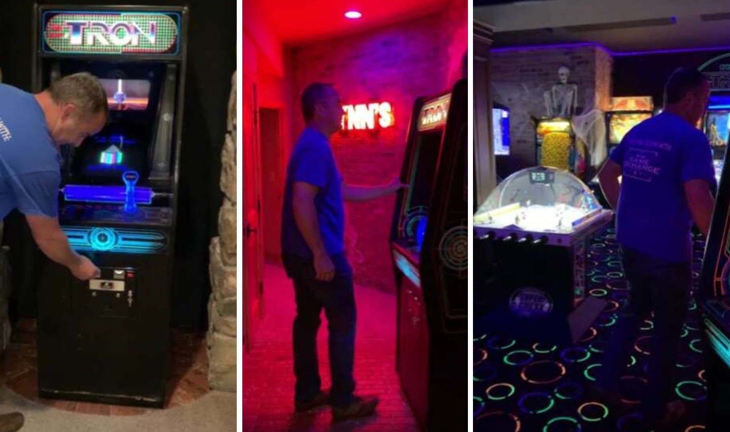 An image of a man inserting a coin into a Tron arcade machine to enter a hidden arcade.