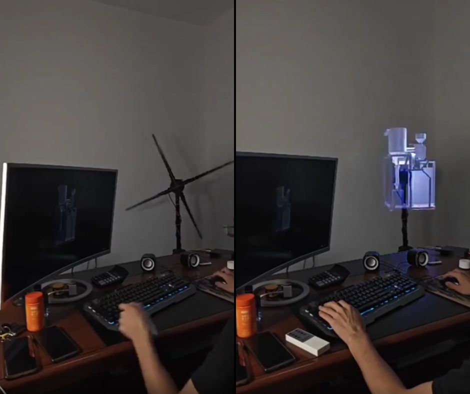 A split image shows a person working at a desk with a monitor, keyboard, and several items. On the left, a 3D puzzle windmill is on a stand, while on the right, a 3D puzzle of an ice dispenser with lights is on the same stand.