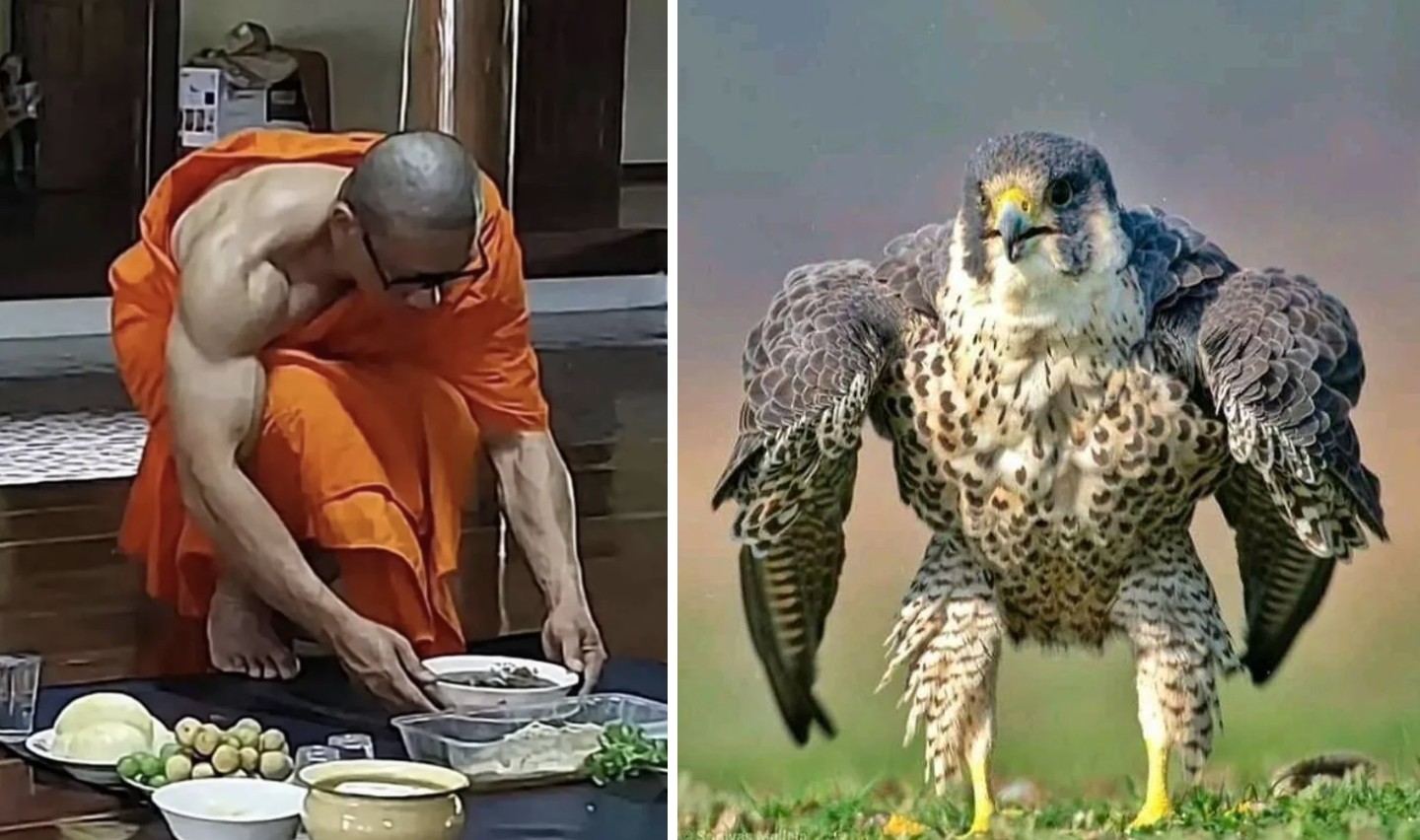 The image is split into two parts. On the left, a person in orange robes is leaning forward, preparing or arranging food items on a tray. On the right, a falcon with outstretched wings stands on grass, facing the camera.