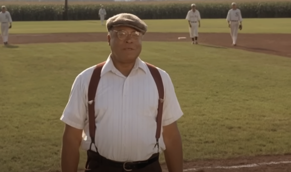 A man with glasses, wearing a flat cap, white shirt with rolled-up sleeves, and suspenders stands on a sunny baseball field. In the background, several players in vintage uniforms are visible and a cornfield lines the outfield.