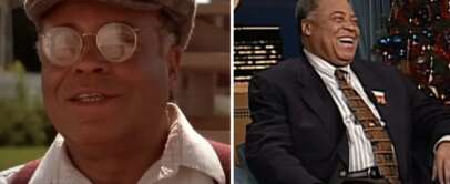 Split image: On the left, an older man wearing round glasses, a flat cap, and a white shirt outdoors. On the right, the same man is seen indoors during a lively conversation, dressed in a suit and tie, laughing heartily while sitting on a talk show's set.