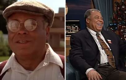 Split image: On the left, an older man wearing round glasses, a flat cap, and a white shirt outdoors. On the right, the same man is seen indoors during a lively conversation, dressed in a suit and tie, laughing heartily while sitting on a talk show's set.