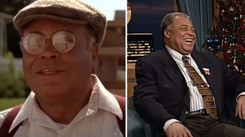 Split image: On the left, an older man wearing round glasses, a flat cap, and a white shirt outdoors. On the right, the same man is seen indoors during a lively conversation, dressed in a suit and tie, laughing heartily while sitting on a talk show's set.