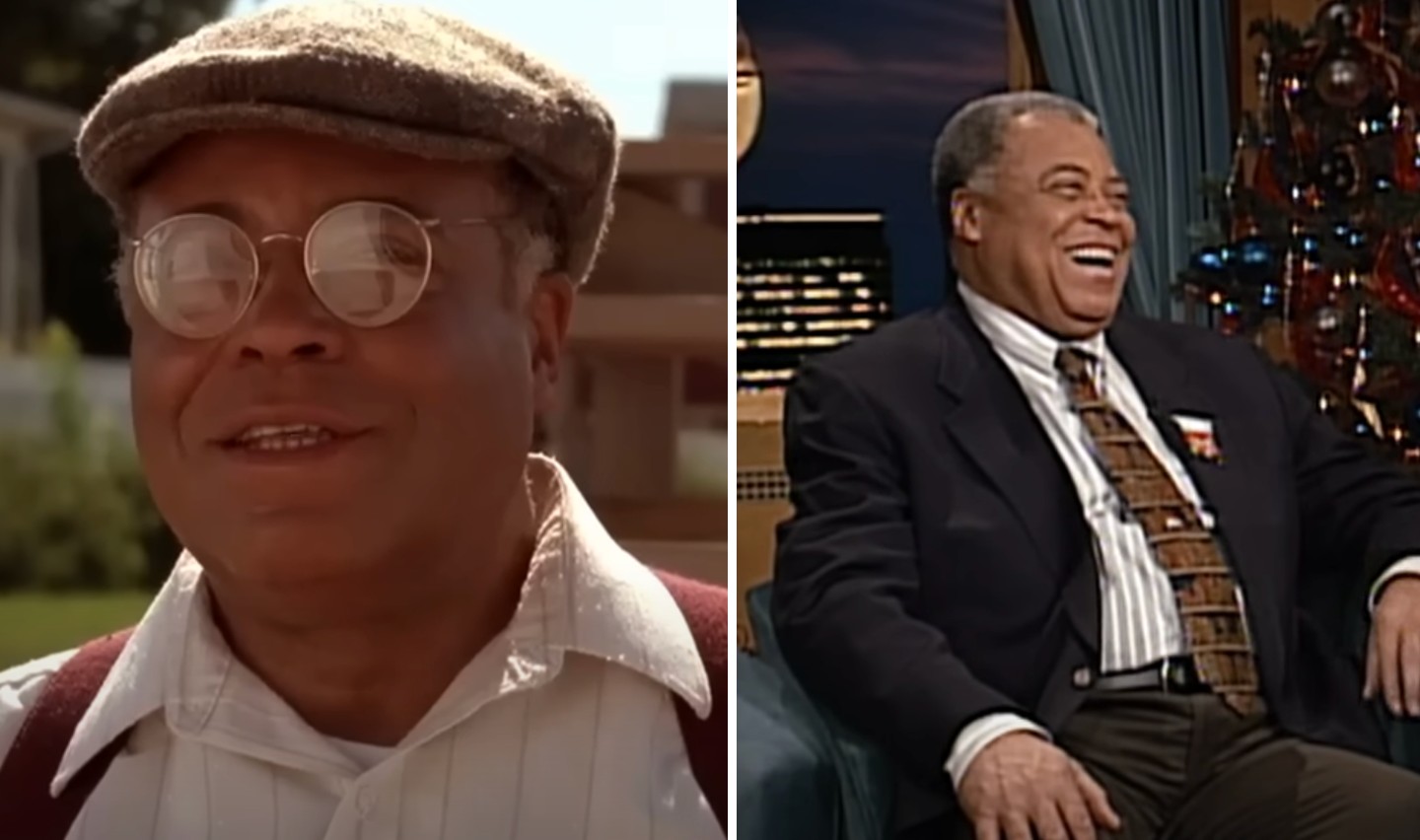 Split image: On the left, an older man wearing round glasses, a flat cap, and a white shirt outdoors. On the right, the same man is seen indoors during a lively conversation, dressed in a suit and tie, laughing heartily while sitting on a talk show's set.