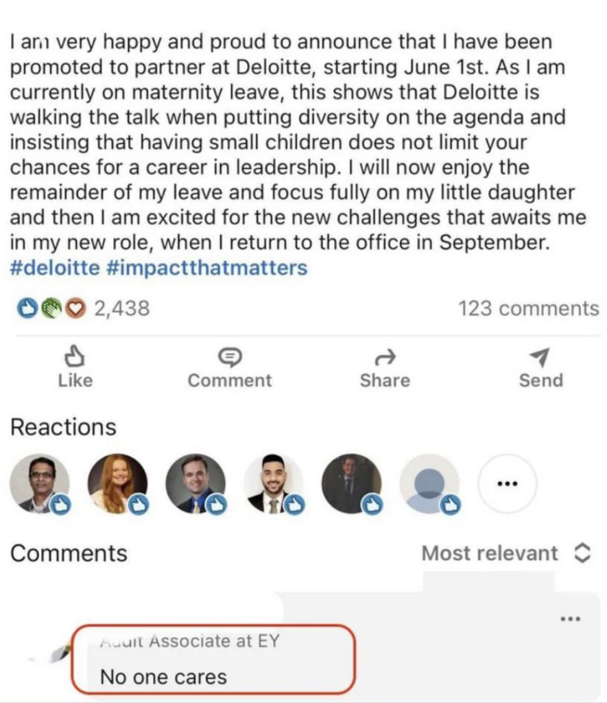 A LinkedIn post where a user announces partnering at Deloitte starting June 1st, mentions being on maternity leave, appreciating Deloitte’s diversity efforts, and returning in September. A critical comment below from an "Audit Associate at EY" reads, "No one cares.