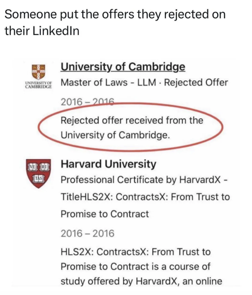 A screenshot of a LinkedIn post shows rejected offers from the University of Cambridge for a Master of Laws program (2016-2016) and Harvard University for a professional certificate (2016-2016) in ContractsX: From Trust to Promise to Contract.